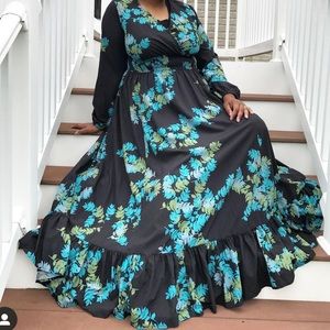 Leaf print crepe smocked waist maxi dress